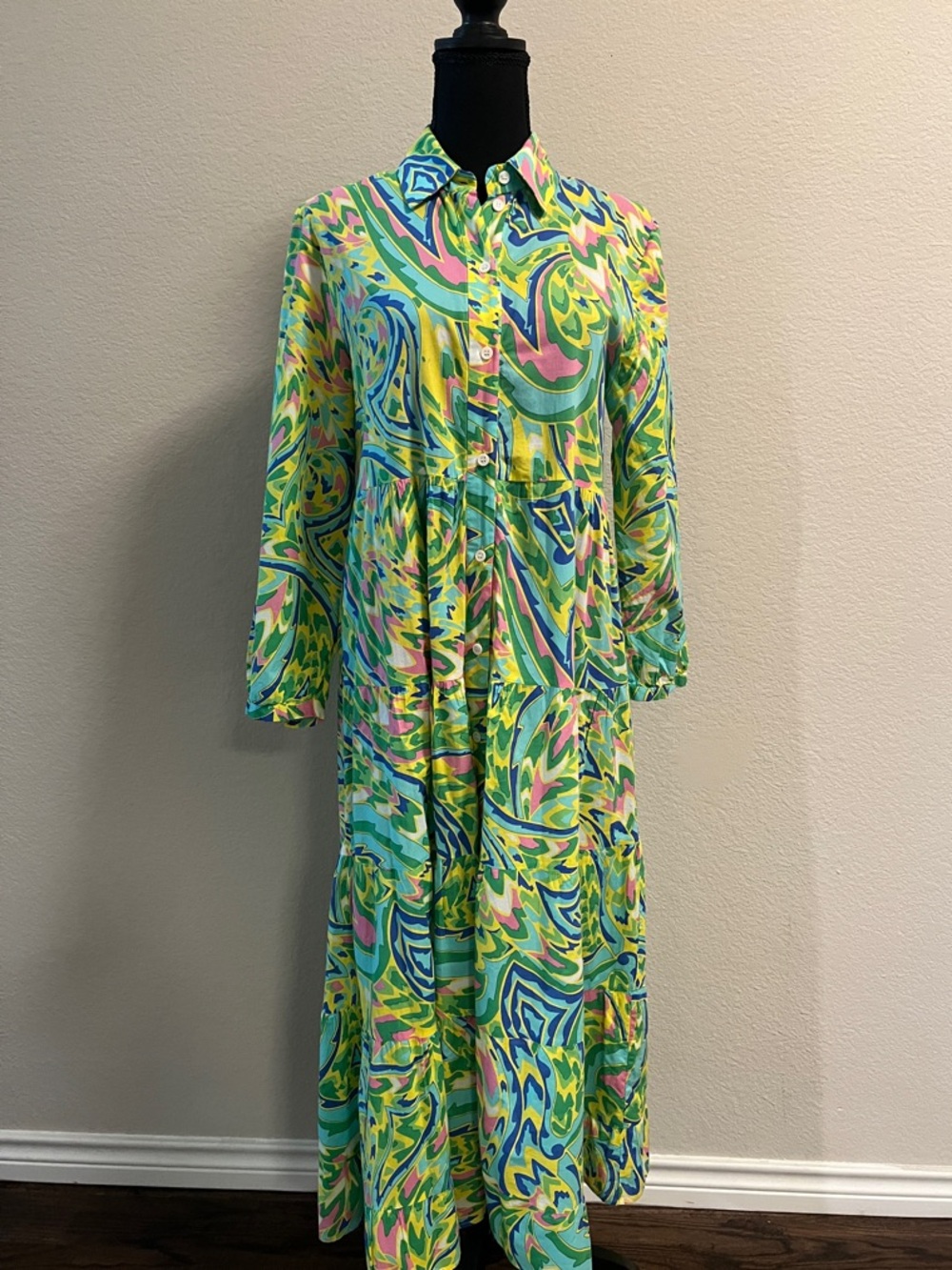 Zara Colorful Print Midi Dress Small Button Front Tiered